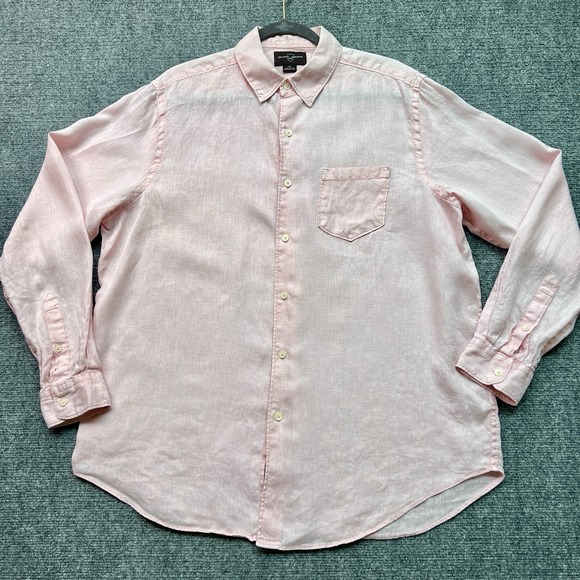 Black Brown Linen‎ Pink Shirt Mens Large Long Sleeve Black Button Up Collared - Picture 1 of 9